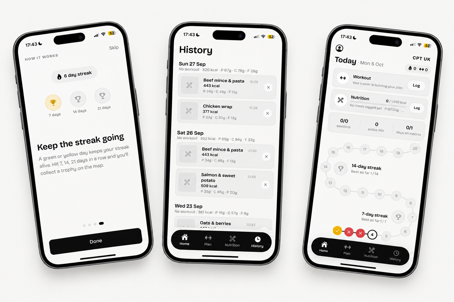 Three phone screens from a fitness and nutrition app: a streak trophy onboarding screen, a meal history log, and a daily dashboard with a streak map.