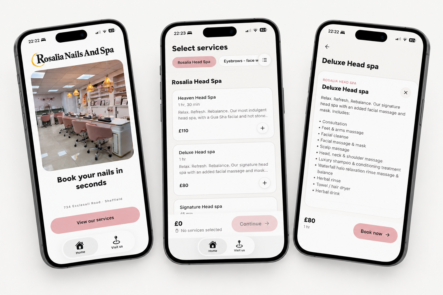 Three phone screens from a nail salon and spa booking app: a Rosalia Nails And Spa home screen with a salon photo, a service selection list with prices, and a Deluxe Head Spa detail screen with a Book now button.
